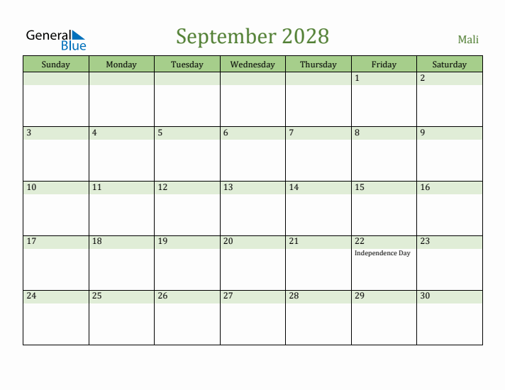 September 2028 Calendar with Mali Holidays