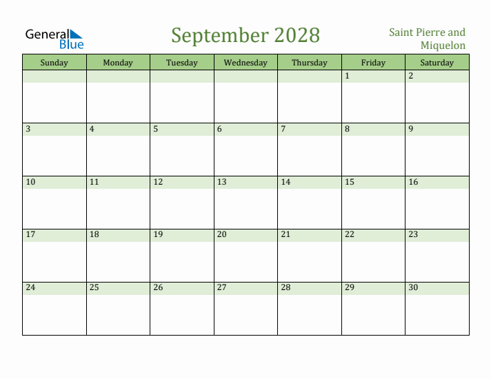 September 2028 Calendar with Saint Pierre and Miquelon Holidays