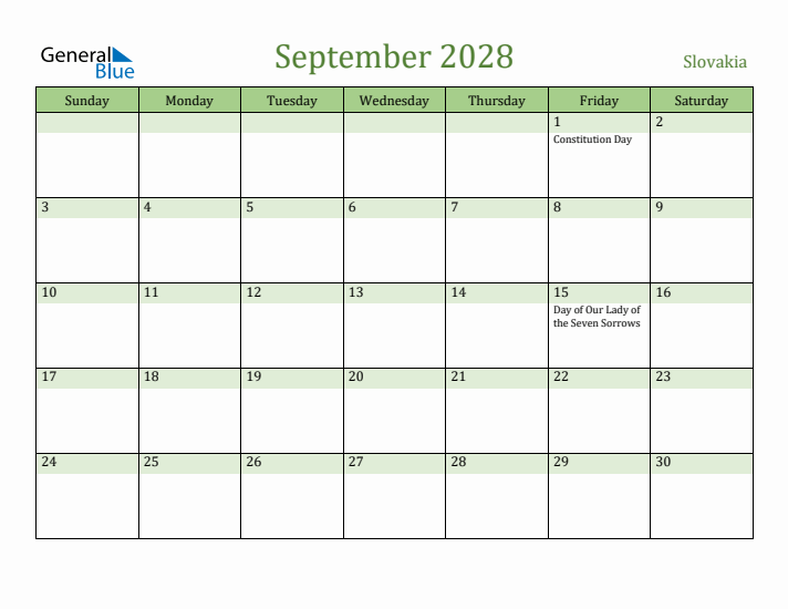 September 2028 Calendar with Slovakia Holidays