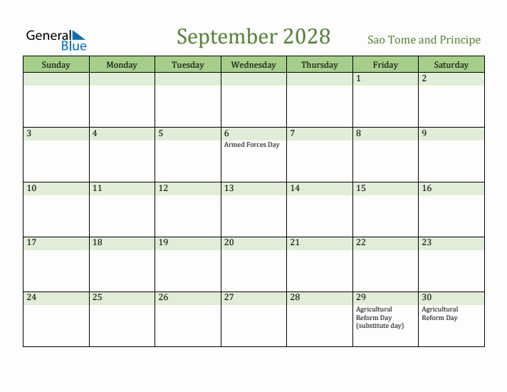 September 2028 Calendar with Sao Tome and Principe Holidays