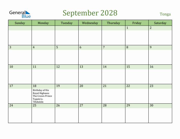 September 2028 Calendar with Tonga Holidays