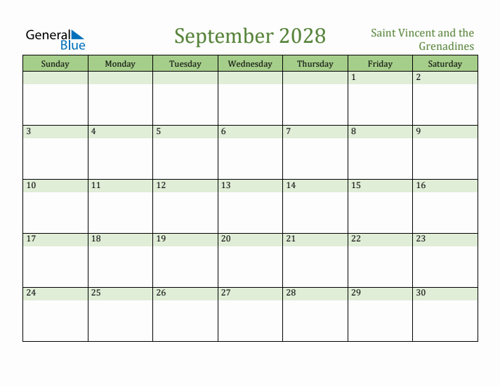 September 2028 Calendar with Saint Vincent and the Grenadines Holidays