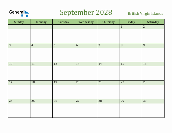 September 2028 Calendar with British Virgin Islands Holidays