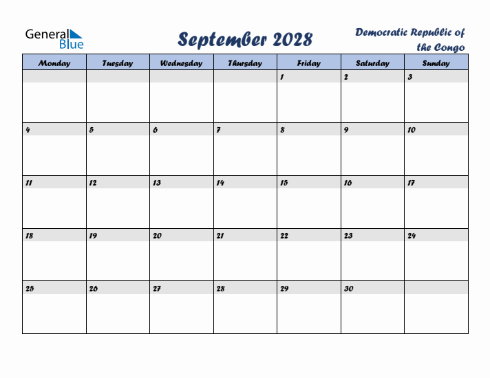 September 2028 Calendar with Holidays in Democratic Republic of the Congo
