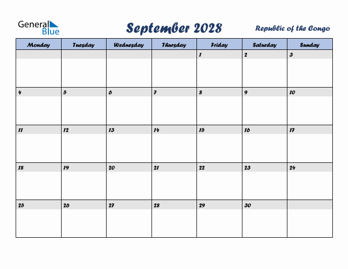 September 2028 Calendar with Holidays in Republic of the Congo