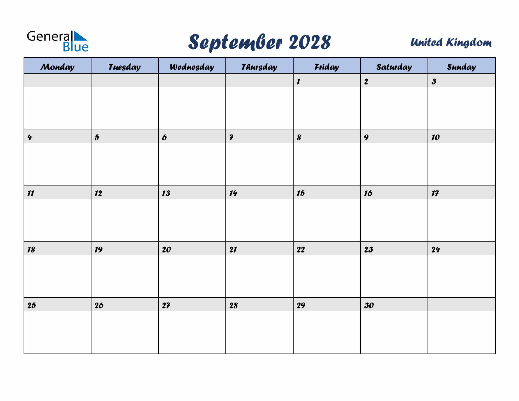 September 2028 Calendar with Holidays in United Kingdom