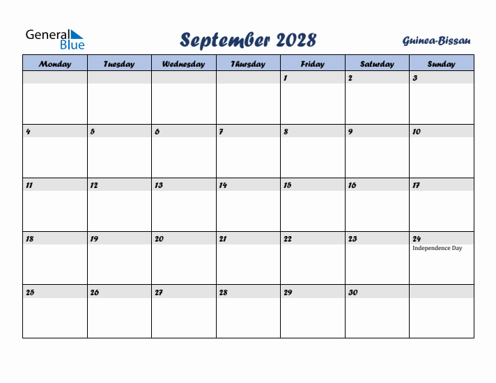 September 2028 Calendar with Holidays in Guinea-Bissau