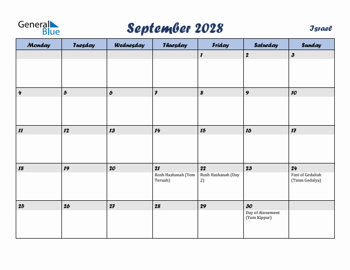 September 2028 Calendar with Holidays in Israel