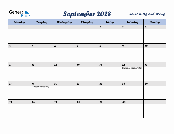 September 2028 Calendar with Holidays in Saint Kitts and Nevis
