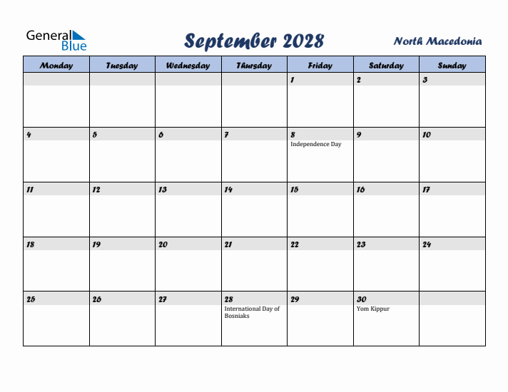 September 2028 Calendar with Holidays in North Macedonia