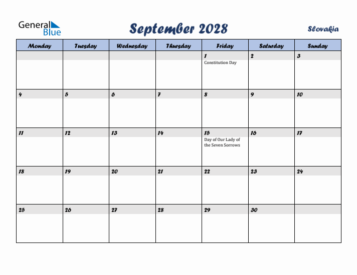 September 2028 Calendar with Holidays in Slovakia