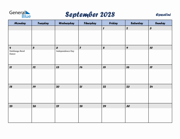September 2028 Calendar with Holidays in Eswatini