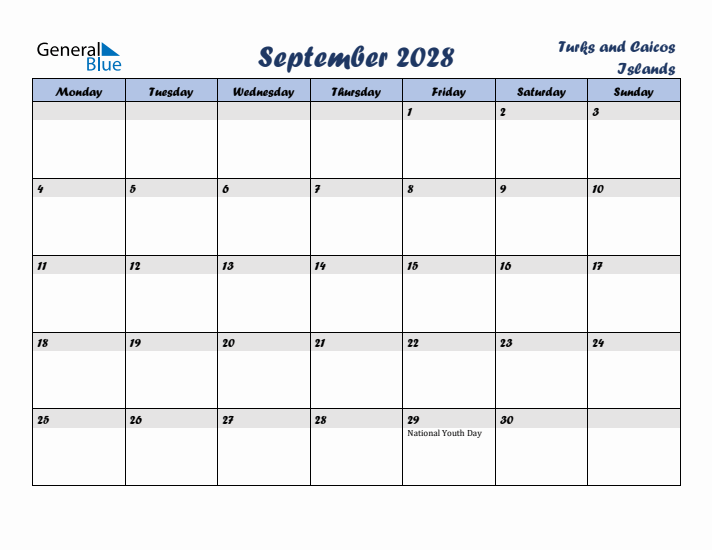 September 2028 Calendar with Holidays in Turks and Caicos Islands