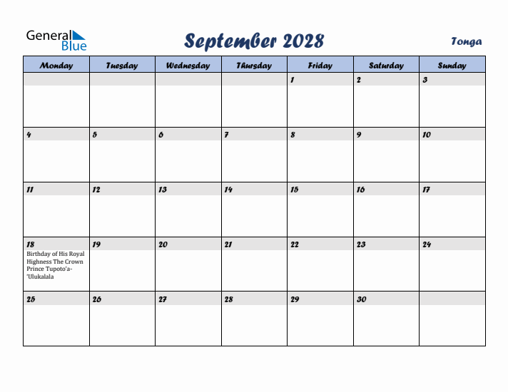 September 2028 Calendar with Holidays in Tonga