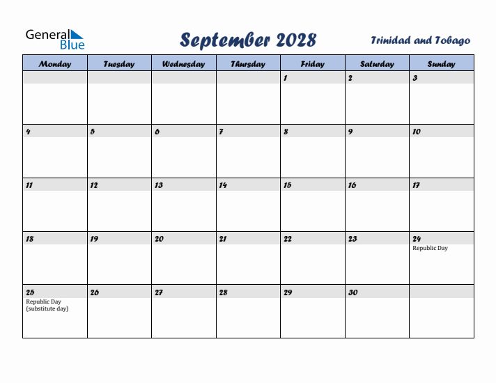 September 2028 Calendar with Holidays in Trinidad and Tobago