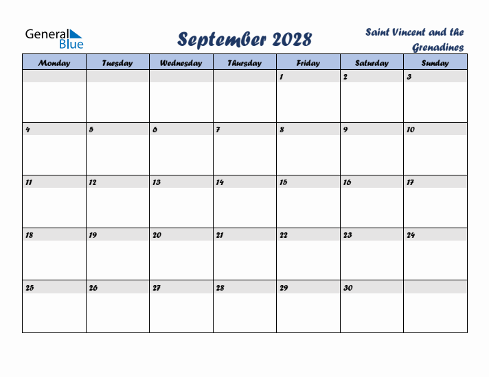 September 2028 Calendar with Holidays in Saint Vincent and the Grenadines