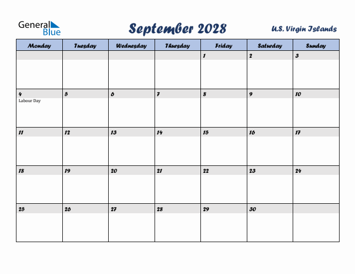 September 2028 Calendar with Holidays in U.S. Virgin Islands