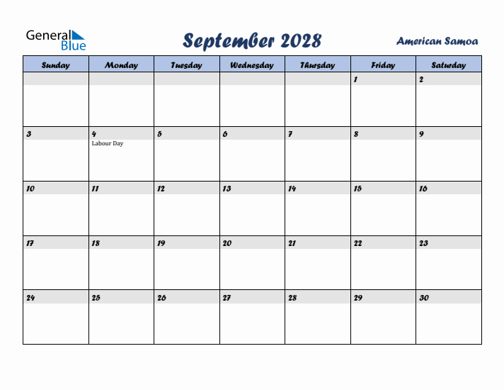 September 2028 Calendar with Holidays in American Samoa