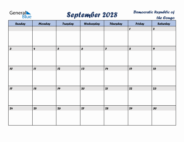 September 2028 Calendar with Holidays in Democratic Republic of the Congo