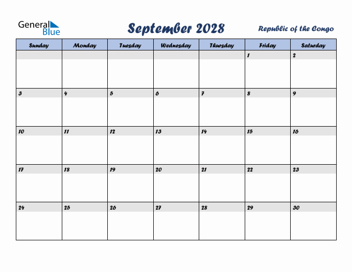 September 2028 Calendar with Holidays in Republic of the Congo