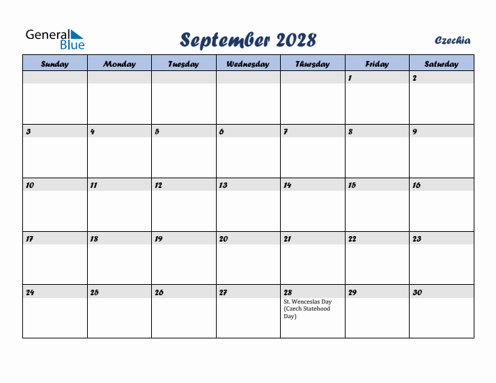 September 2028 Calendar with Holidays in Czechia