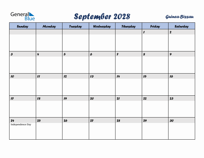 September 2028 Calendar with Holidays in Guinea-Bissau