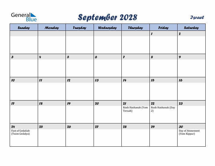 September 2028 Calendar with Holidays in Israel
