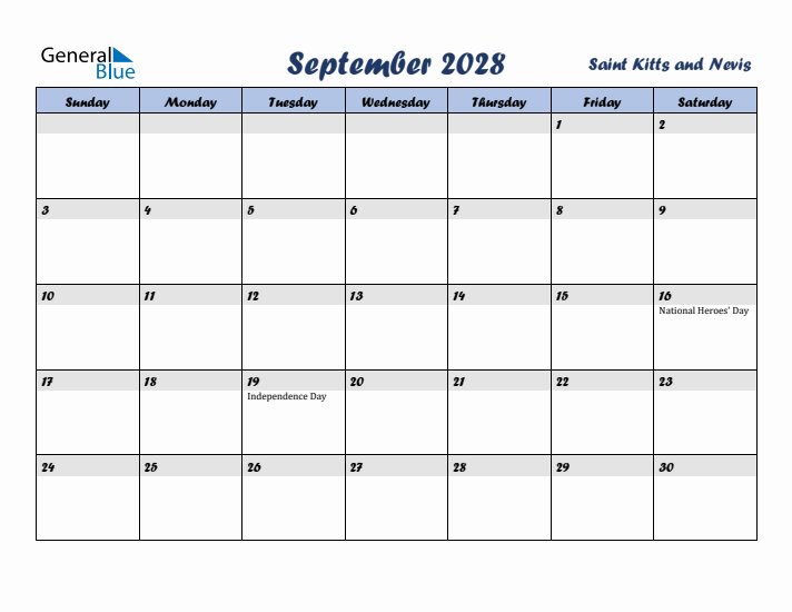 September 2028 Calendar with Holidays in Saint Kitts and Nevis
