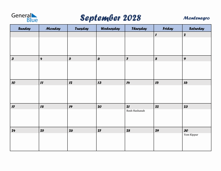 September 2028 Calendar with Holidays in Montenegro
