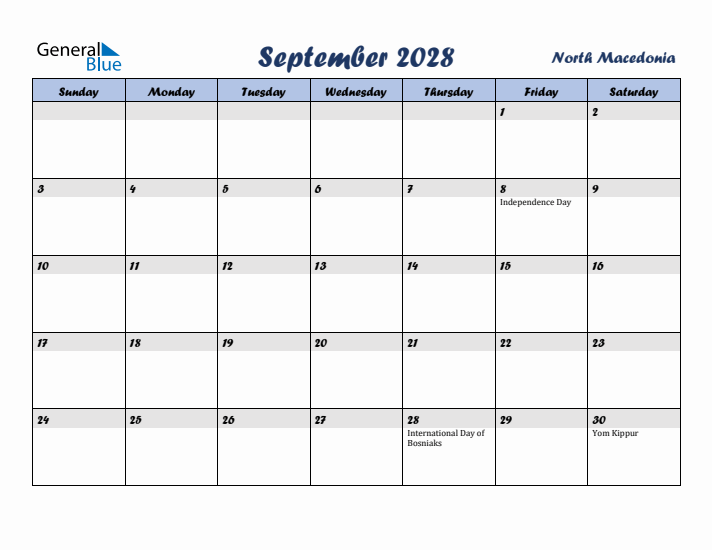 September 2028 Calendar with Holidays in North Macedonia
