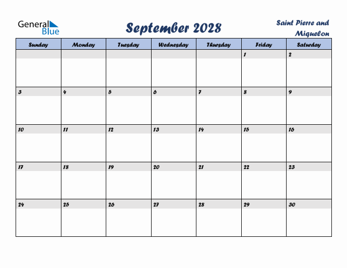 September 2028 Calendar with Holidays in Saint Pierre and Miquelon