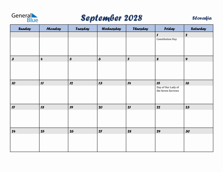 September 2028 Calendar with Holidays in Slovakia