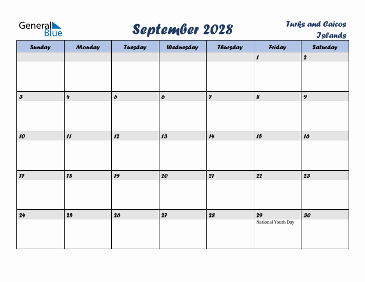 September 2028 Calendar with Holidays in Turks and Caicos Islands