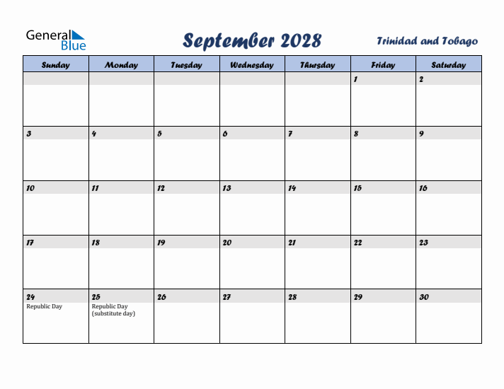 September 2028 Calendar with Holidays in Trinidad and Tobago