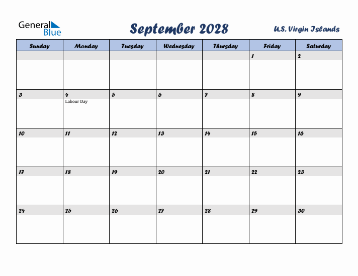 September 2028 Calendar with Holidays in U.S. Virgin Islands