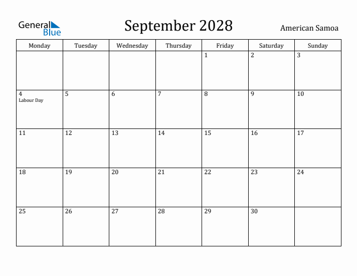 September 2028 Calendar American Samoa
