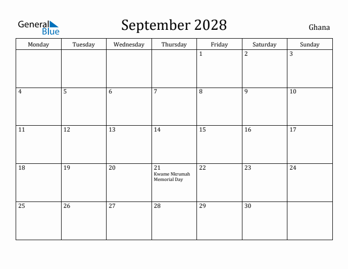 September 2028 Calendar Ghana