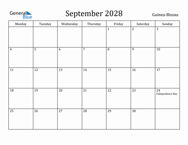 September 2028 Calendar Guinea-Bissau