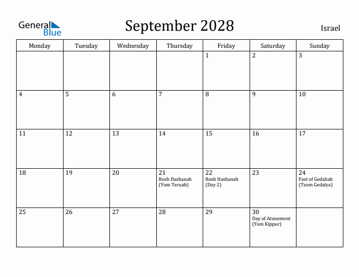September 2028 Calendar Israel