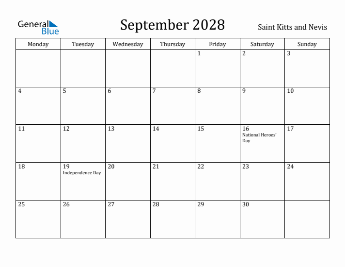 September 2028 Calendar Saint Kitts and Nevis