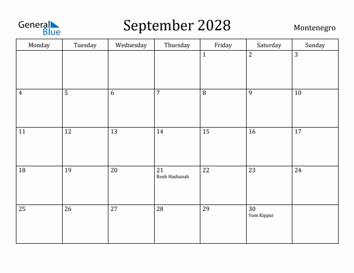 September 2028 Calendar Montenegro