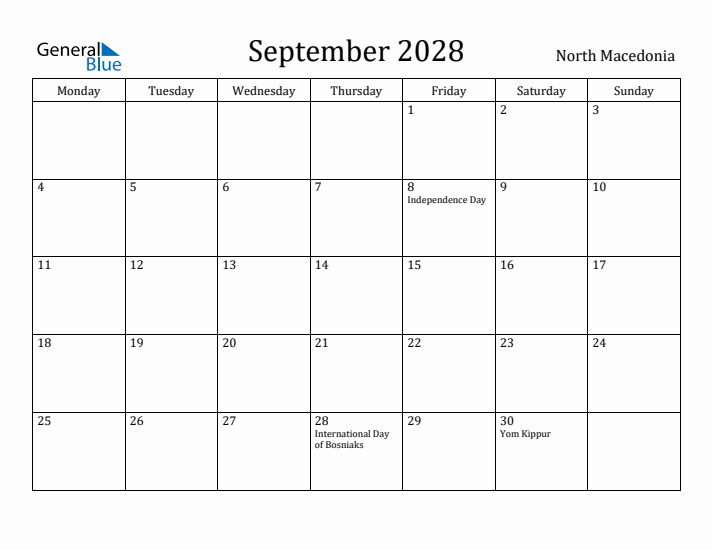 September 2028 Calendar North Macedonia
