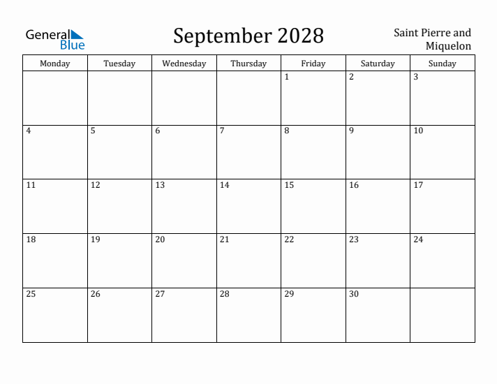 September 2028 Calendar Saint Pierre and Miquelon