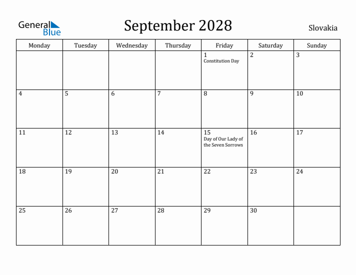 September 2028 Calendar Slovakia