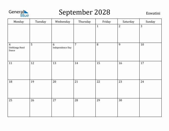September 2028 Calendar Eswatini
