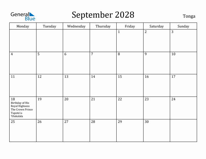 September 2028 Calendar Tonga
