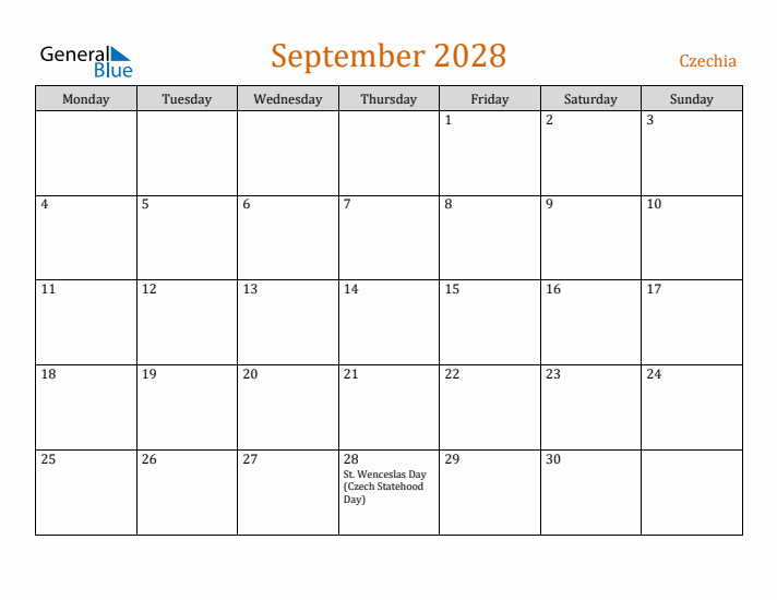 September 2028 Holiday Calendar with Monday Start