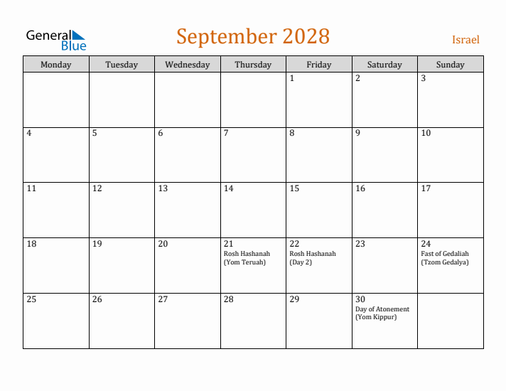 September 2028 Holiday Calendar with Monday Start