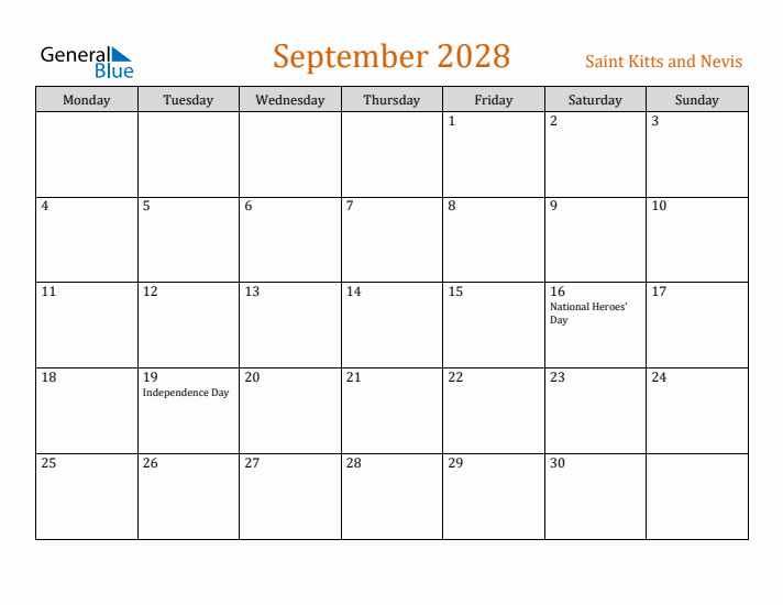 September 2028 Holiday Calendar with Monday Start