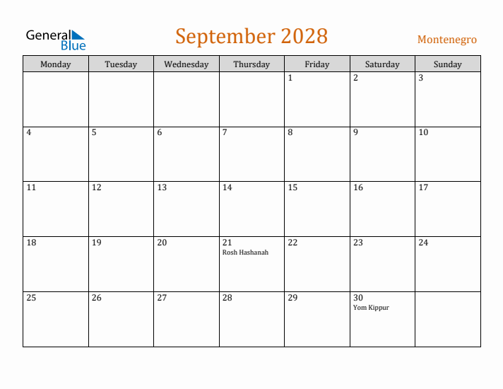 September 2028 Holiday Calendar with Monday Start